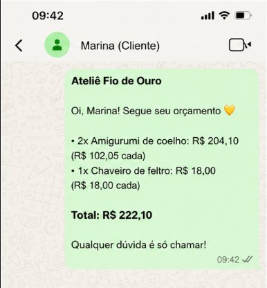 Orçamento no WhatsApp do Ateliê Fio de Ouro: dois amigurumis de coelho e um chaveiro de feltro, total de R$ 222,10